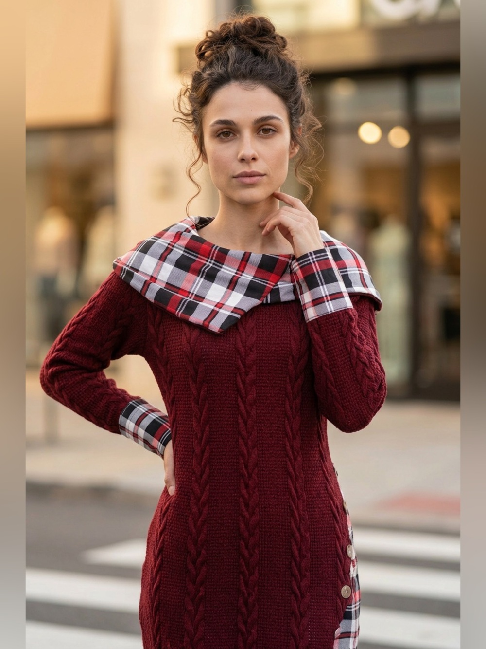 Burgundy Gothic Hooded Sweater with Plaid Lining Size S NWOT